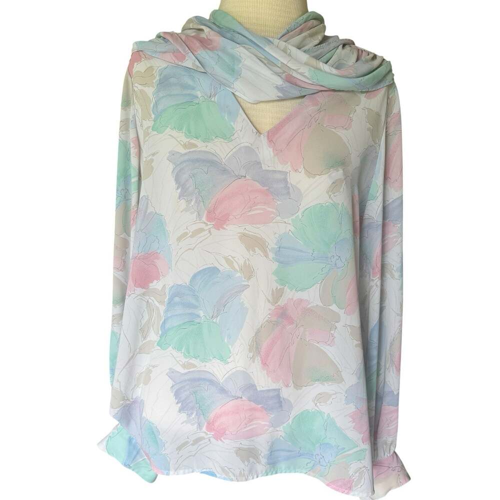 Pykettes Neck Sash Tie Blouse Sz 14 Retro Vtg 80s Dainty Secretary Floral Missy